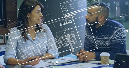 Image of financial data processing over diverse business people in office