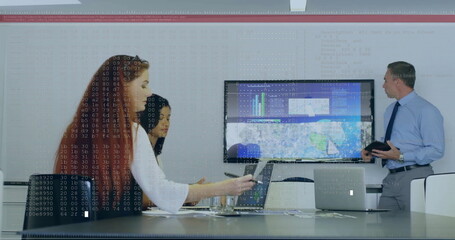 Image of financial data processing over diverse business people in office