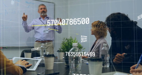 Image of financial data processing over diverse business people in office