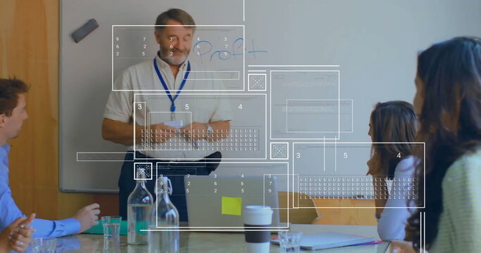 Image of financial data processing over diverse business people in office