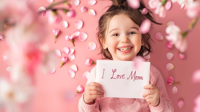 Pastel pink background, cute flying flowers, smiling child holding letter, text in child's handwriting I Love Mom