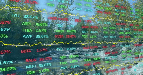 Image of stock market and diagrams over landscape