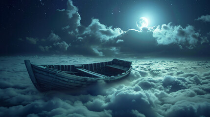 Abandoned wooden boat over fluffy night clouds. 