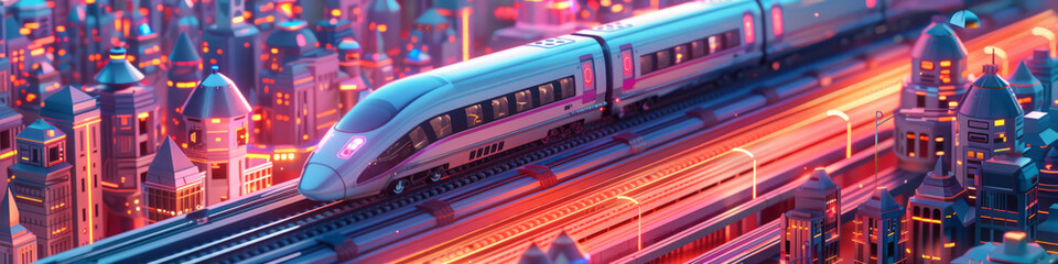 Isometric art of A high-speed bullet train shuttles through a city full of cloud service technology, 3d render image