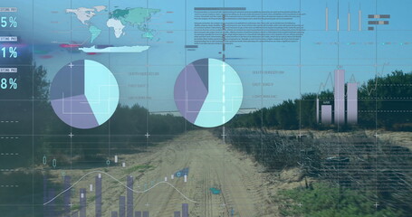 Image of data processing, world map and diagrams over landscape