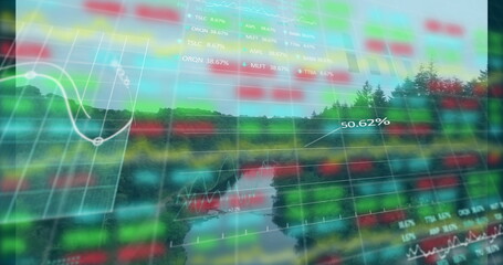Image of stock market and diagrams over landscape