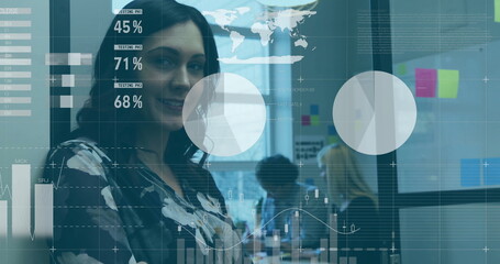 Image of financial data processing over diverse business people in office