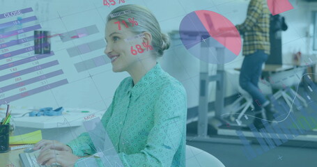 Image of financial data processing over diverse business people in office