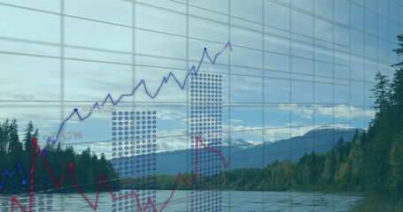 Image of data processing, stock market and diagrams over landscape