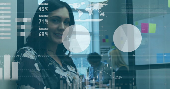 Image of financial data processing over diverse business people in office