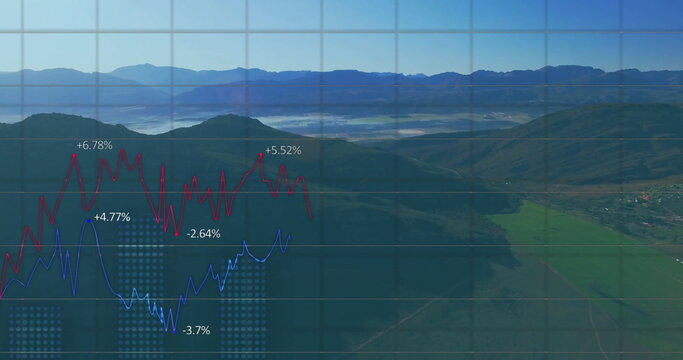 Image of data processing and diagrams over landscape