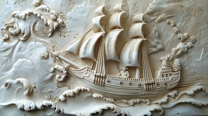 Carved Wooden Sailing Ships Relief Art
