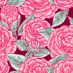Pattern with camellia flowers. Beautiful decorative plants.