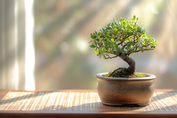 Photo of a bonsai in a ceramic, not deep pot. Stands on a light brown table against a well-lit light wall.