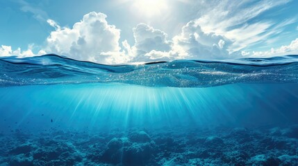 Ocean Horizon Under Blue Sky with Fluffy Clouds
