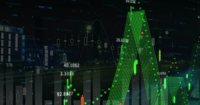 Image of statistics and financial data processing over cityscape