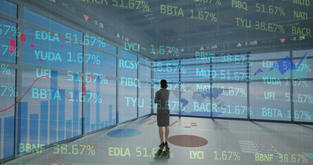 Image of financial data processing over businesswoman