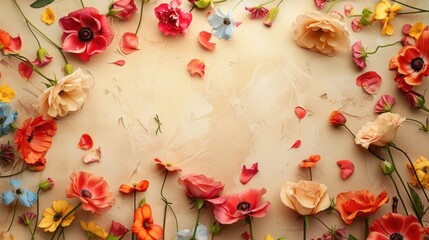 Obraz na płótnie Canvas Assorted Colorful Flowers Arranged on a Warm Beige Background