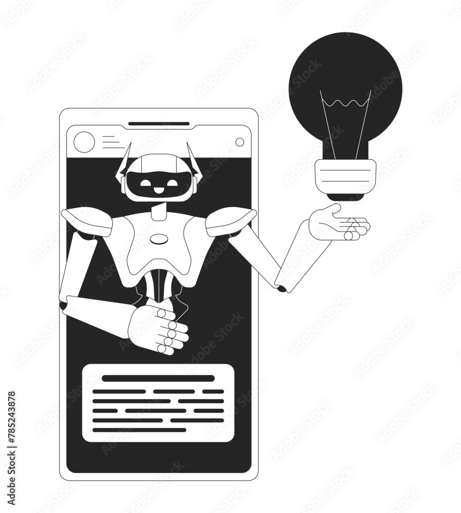 Poster ai assistant cellphone black and white 2d line cartoon object. idea generation algorithm mobile phon