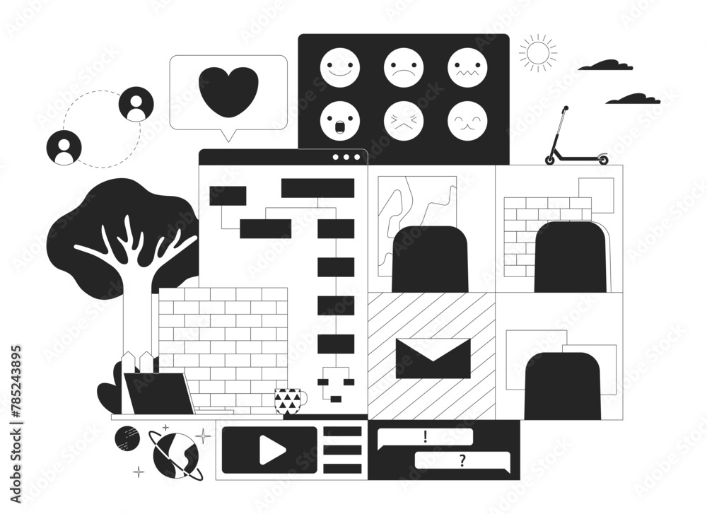 Poster web development black and white 2d illustration concept. telecommuting. software creation technology