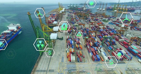 Image of network of eco and environmentally friendly icons over seaport