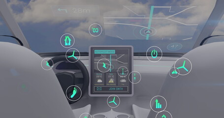 Obraz premium Image of network of eco and environmentally friendly icons over inside of the car