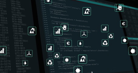 Image of network of eco and environmentally friendly icons over data processing