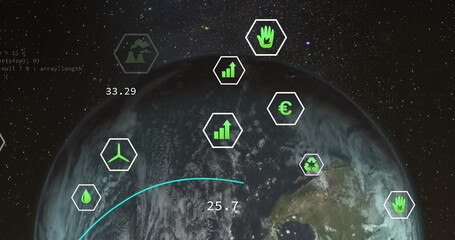 Image of network of eco and environmentally friendly icons over globe