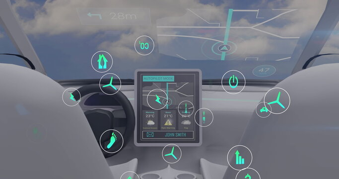 Image of network of eco and environmentally friendly icons over inside of the car