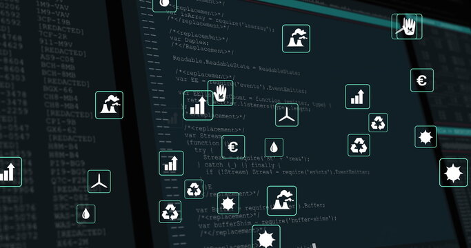 Image of network of eco and environmentally friendly icons over data processing