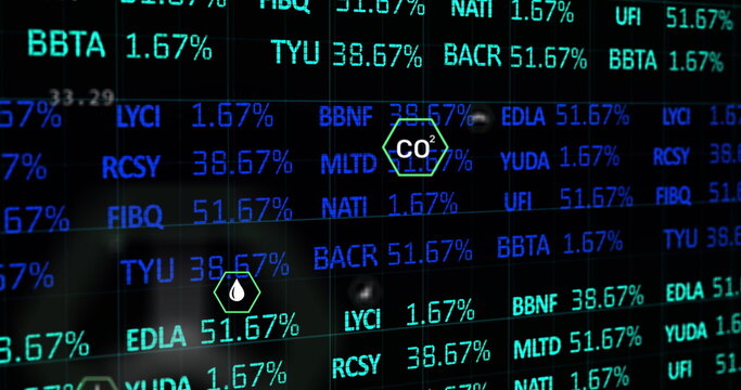 Image of network of eco and environmentally friendly icons over data processing