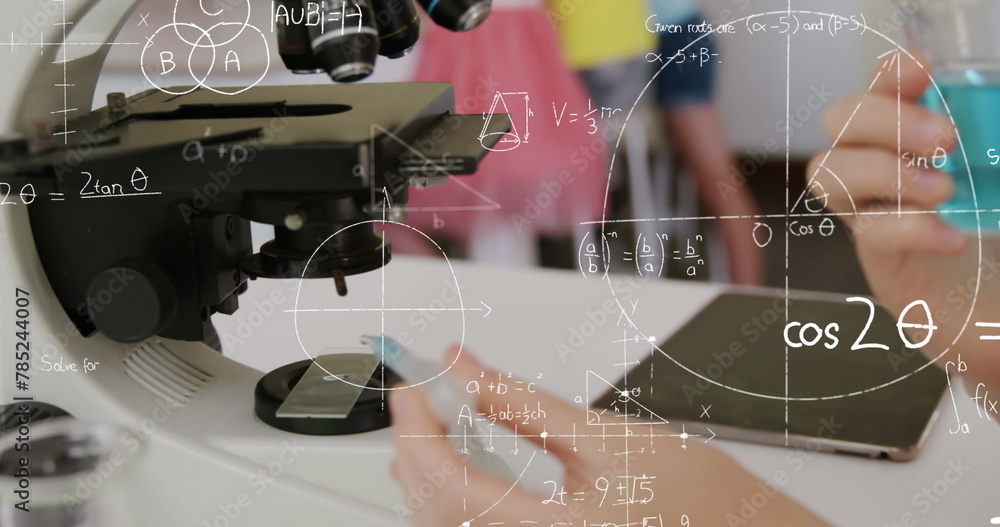 Poster image of mathematical formulae over student using microscope