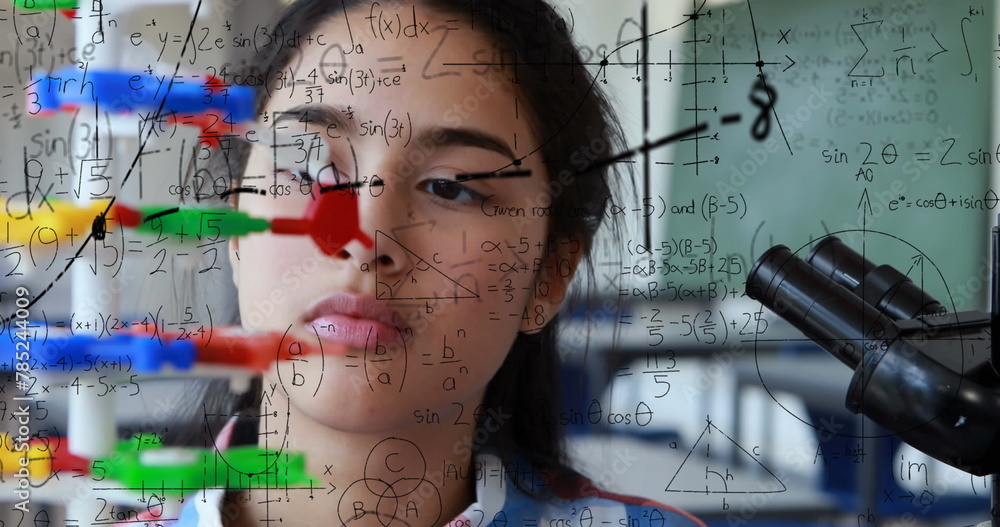Poster image of mathematical formulae over student using microscope