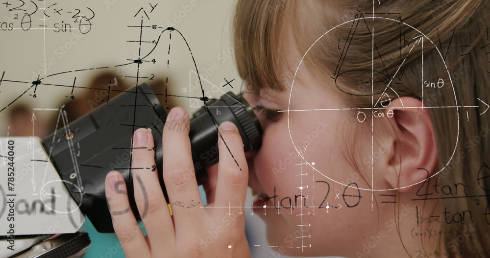 Aufkleber image of mathematical formulae over smiling schoolgirl using microscope