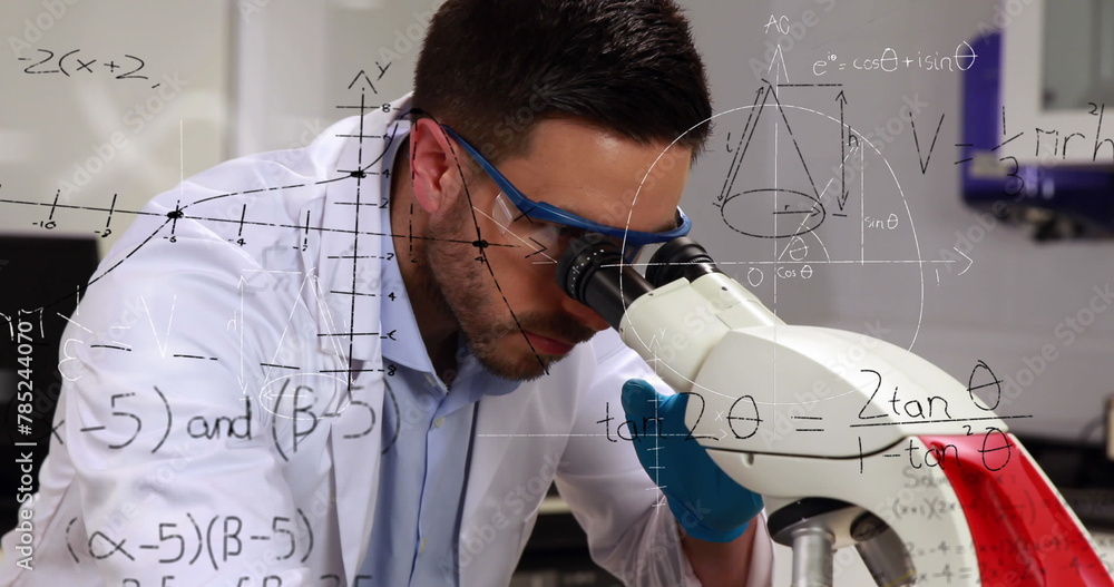 Poster image of mathematical formulae over male using microscope