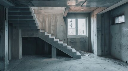 Fototapeta na wymiar Abandoned Concrete Building Interior with Stark Staircase and Graffiti