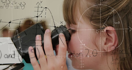 Image of mathematical formulae over smiling schoolgirl using microscope - obrazy, fototapety, plakaty