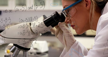 Image of mathematical formulae over female using microscope