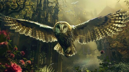 Majestic Owl in Flight Over Enchanted Forest Castle