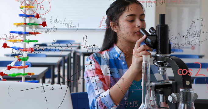 Image of mathematical formulae over student using microscope - Powered by Adobe
