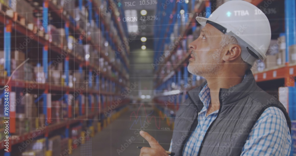 Aufkleber image of statistics and data processing over caucasian man working in warehouse