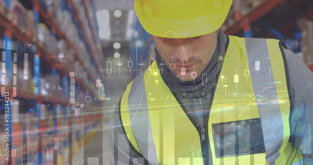 Poster image of statistics and data processing over caucasian man working in warehouse