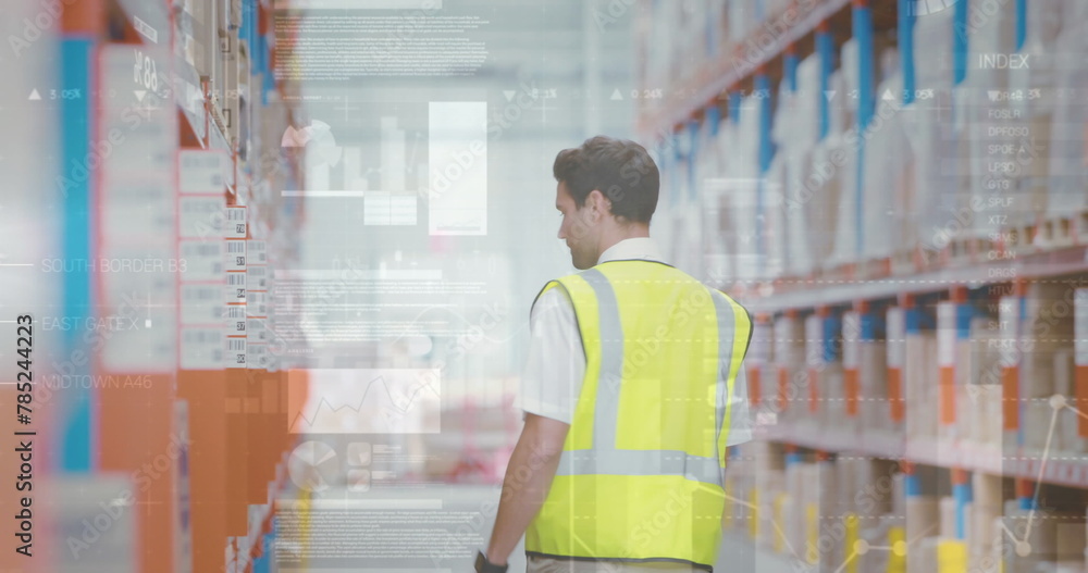Aufkleber image of statistics and data processing over caucasian man working in warehouse
