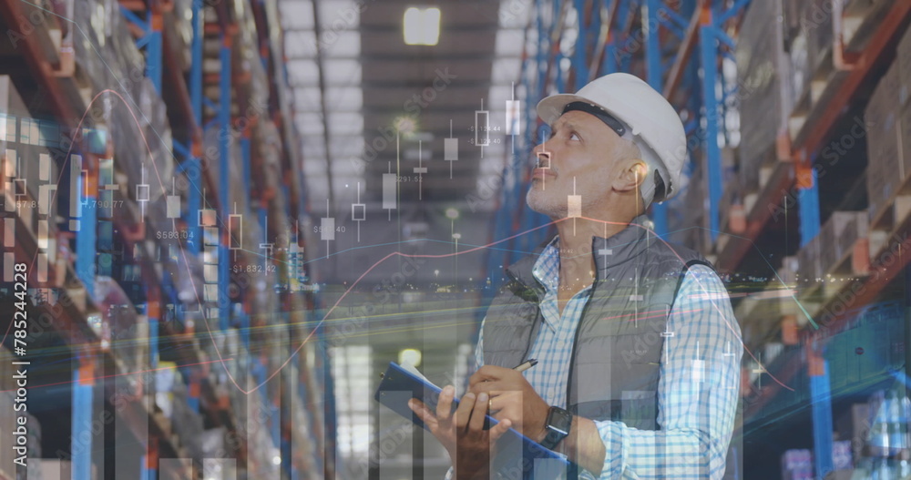 Aufkleber image of statistics and data processing over caucasian man working in warehouse