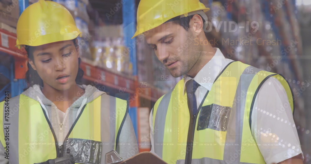 Poster image of statistics and data processing over diverse people working in warehouse