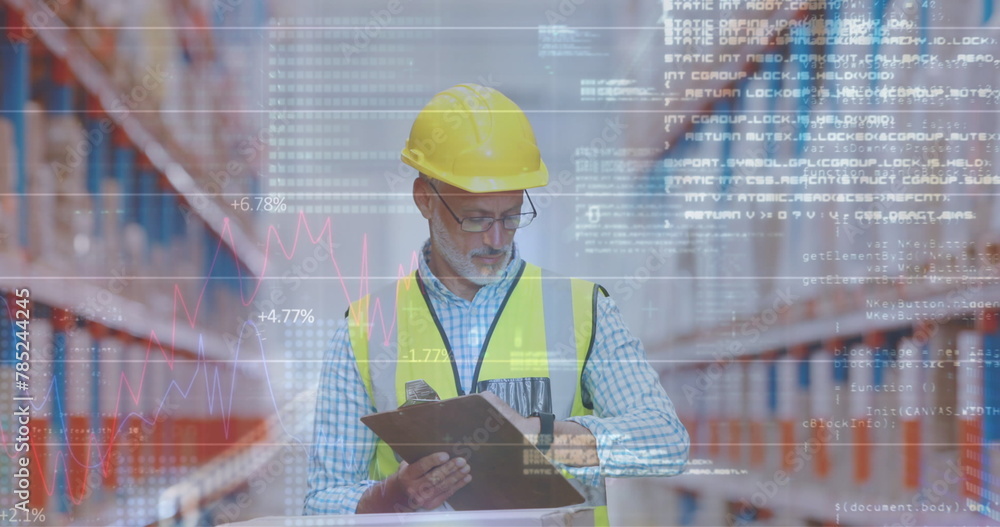 Poster image of statistics and data processing over caucasian man working in warehouse