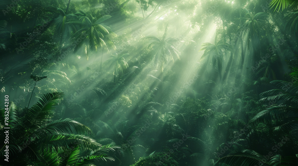 Poster explore a dark rainforest with lush greenery, sun rays filtering through the trees, creating an ench