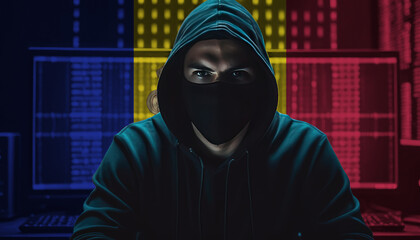 Hacker in a dark hoodie sitting in front of a monitors with Andorra flag and background cyber security concept - obrazy, fototapety, plakaty