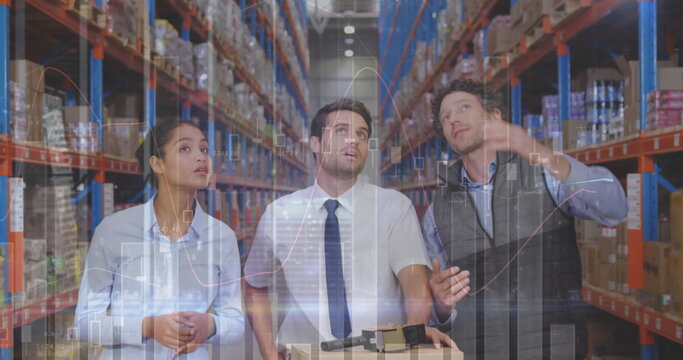 Image of statistics and data processing over diverse people working in warehouse - Powered by Adobe