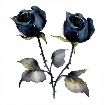 Watercolor composition of black roses. Halloween Botanical illustration isolated on a white background